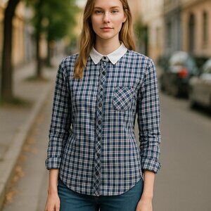 * DELIA*S Blue Plaid Adjustable Sleeved Button Front Shirt Ladies SMALL